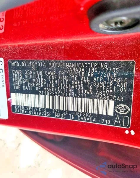 2006 Toyota Corolla Ce из США, поврежденный, VIN 2T1BR32E36C614211